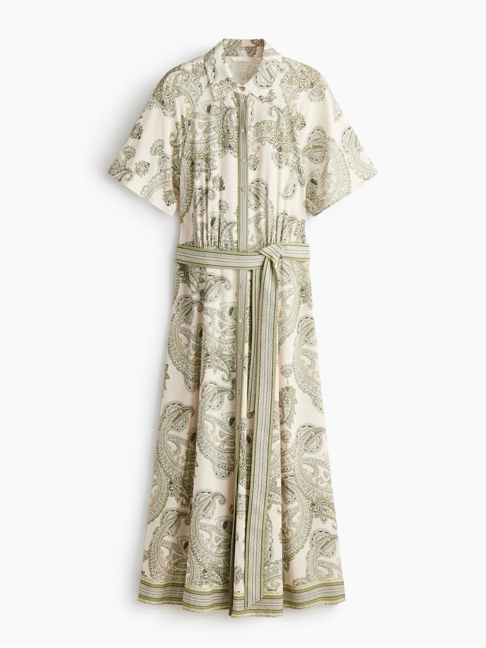 H&M Cream and Olive Paisley Maxi Shirt Dress with Waist Tie